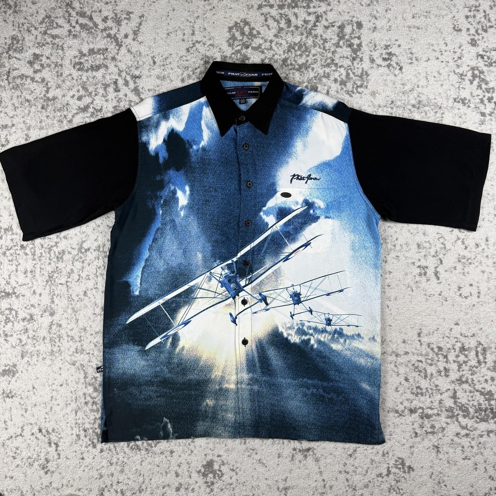 Phat Farm Shirt Mens L/XL Blue Aviation Airplane Graphic Button Up Short Sleeve